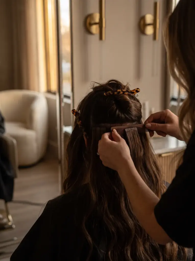 Close-up of a stylist's hands blending tape-in hair extensions into a client's long brunette hair, sectioning clips, salon mirror behind