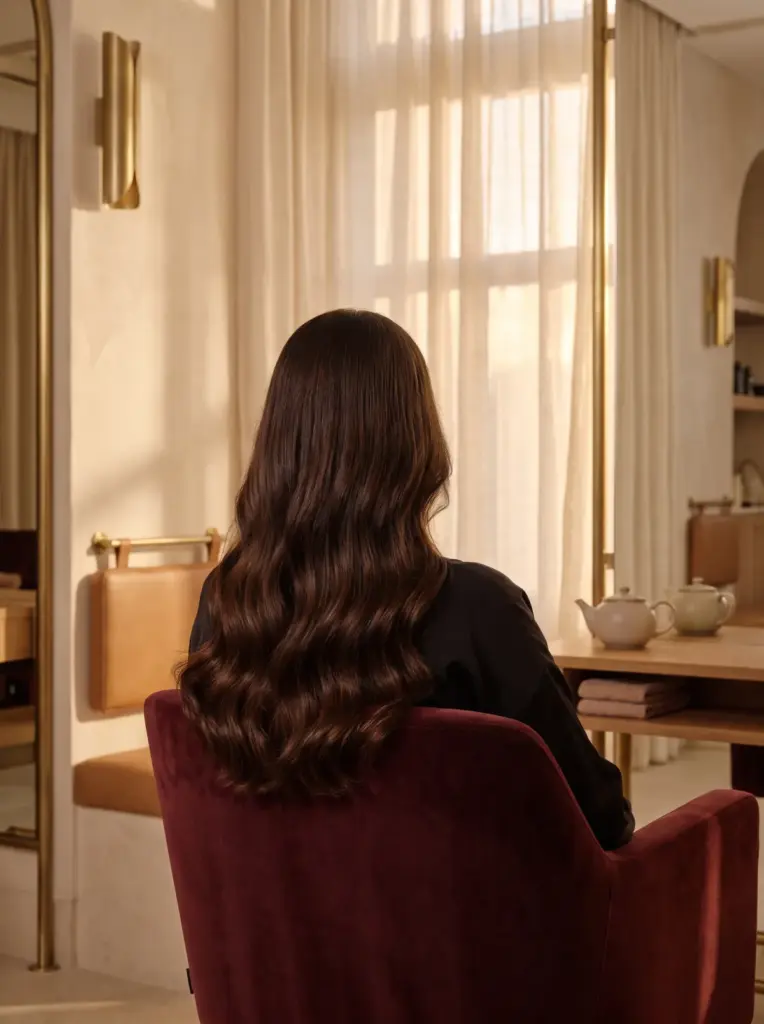 Long, seamless, glossy brunette hair with soft waves seen from behind, the client seated in a burgundy salon chair