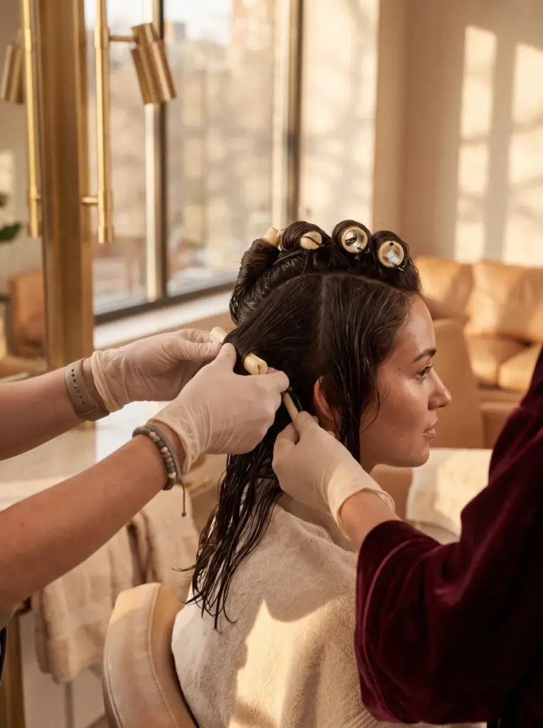 Close-up of perm rods wound neatly through a client's hair while a stylist's hands place the last rod