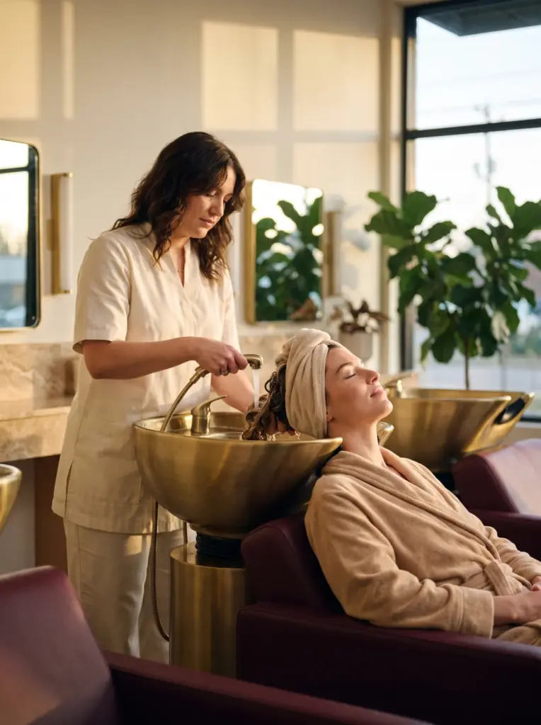 A stylist rinsing a client's permed hair at a backwash basin, client relaxed