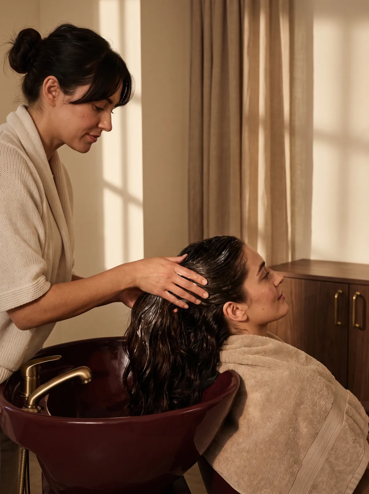 A stylist working a glossy hair mask through a client's long lengths at a backwash basin, towel on the shoulders