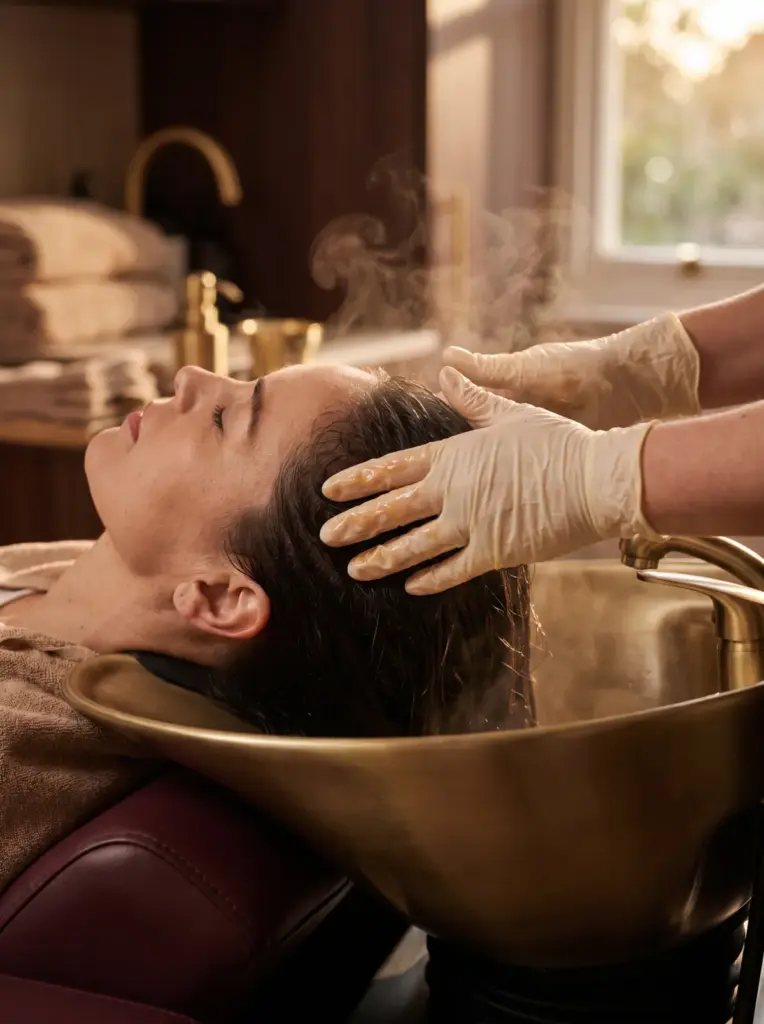 Close-up of gloved fingertips massaging a treatment serum into a client's scalp at a backwash basin, a little warm steam