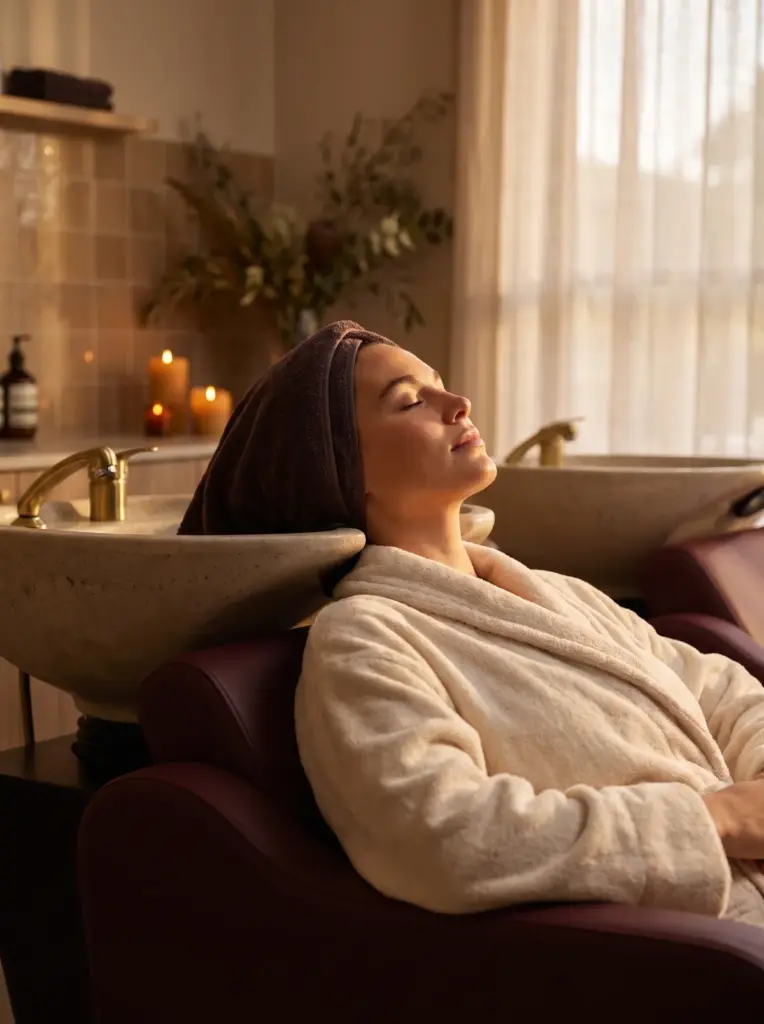 A client relaxing at a backwash sink with a warm towel wrapped around conditioned hair, eyes closed