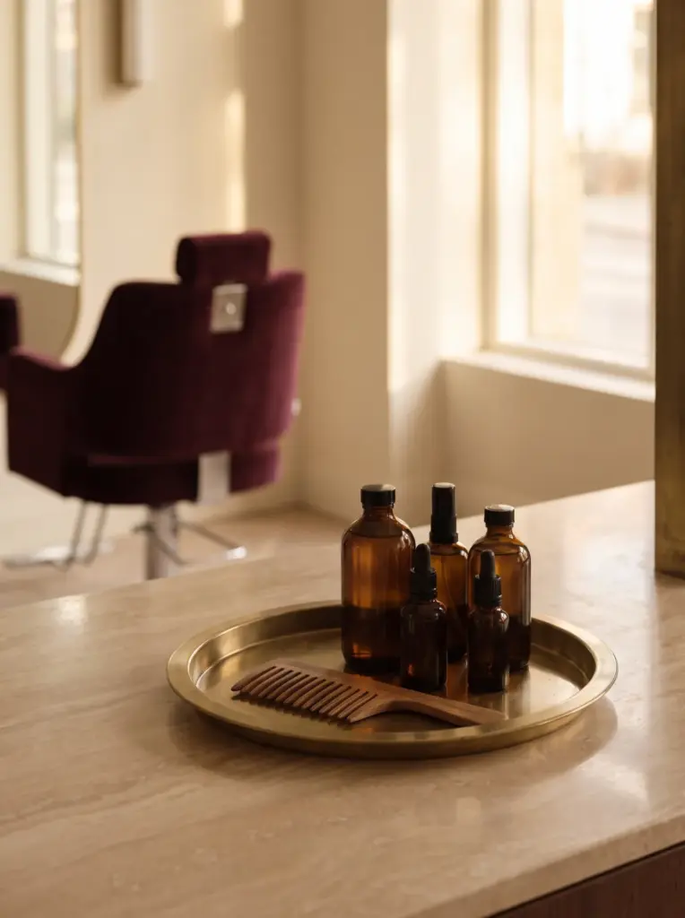 A brushed brass tray with amber glass treatment bottles and a wide-tooth comb beside a burgundy velvet salon chair