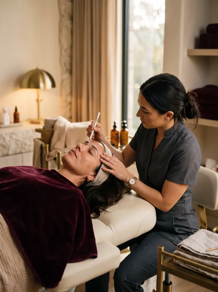 A technician mapping a client's brows with a white pencil for symmetry