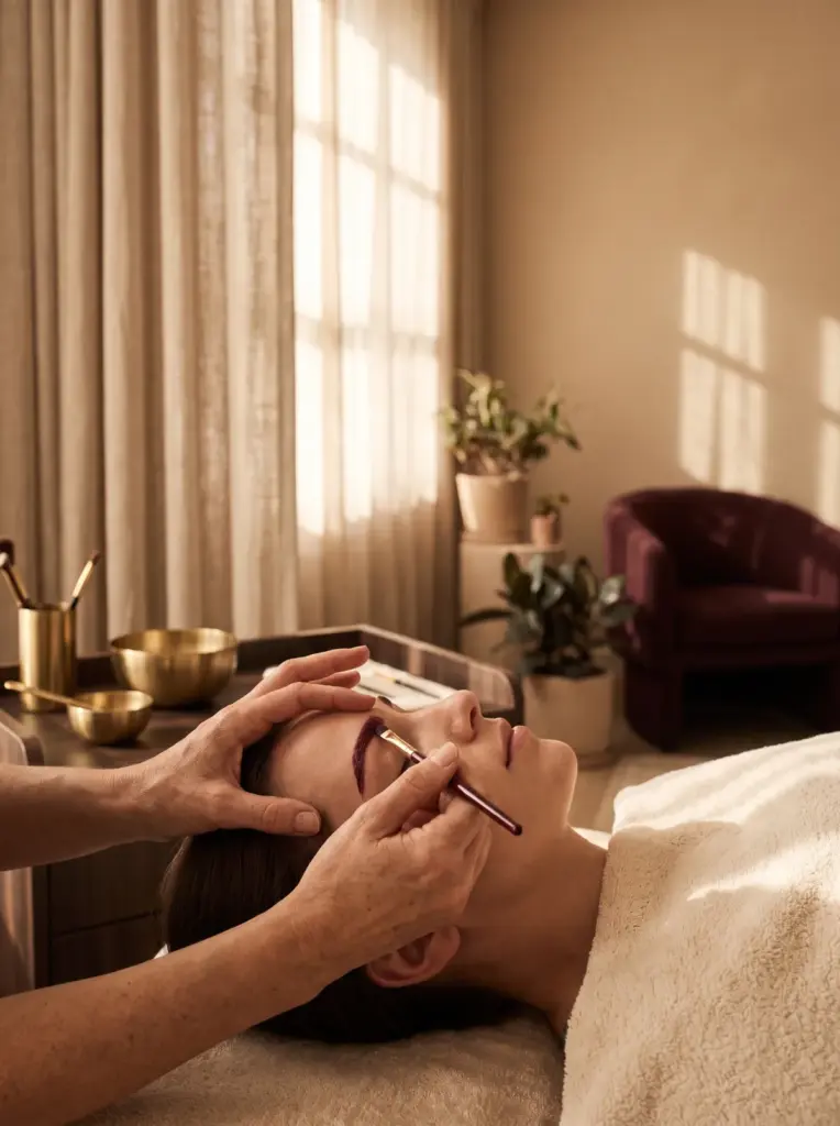 A brow tint being painted on with an angled brush