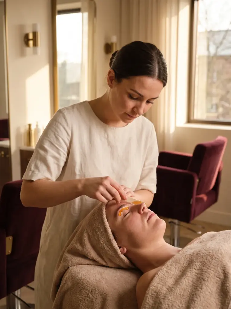 A technician applying warm wax beneath a client's brow with a small wooden spatula