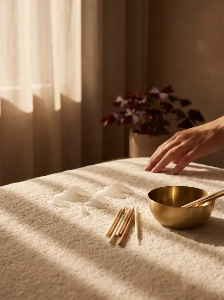 Lash lift tools laid out on a cream towel: silicone shields, micro brushes and a small brass dish