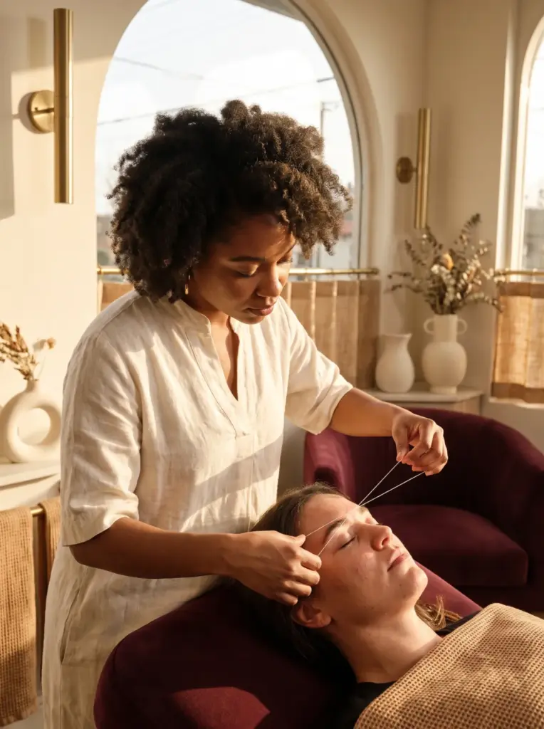 Eyebrow threading: a technician holding cotton thread taut between both hands, shaping a client's brow