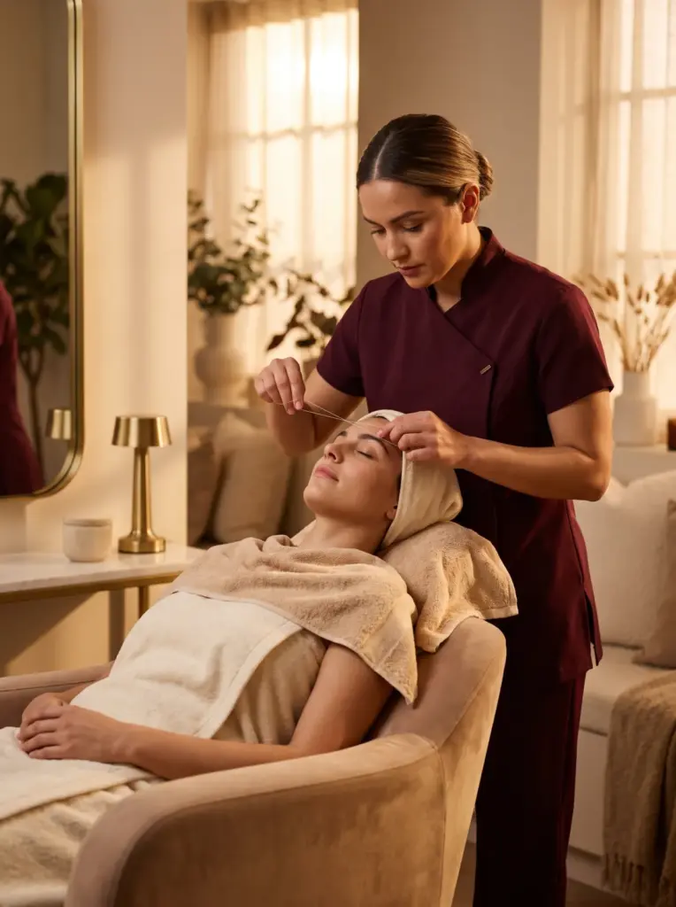 A full face threading session: the client relaxed, the technician focused, cream towel