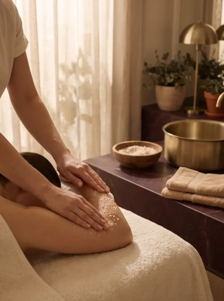 Salt glow body polish: a therapist's hands spreading a coarse salt scrub over a client's arm