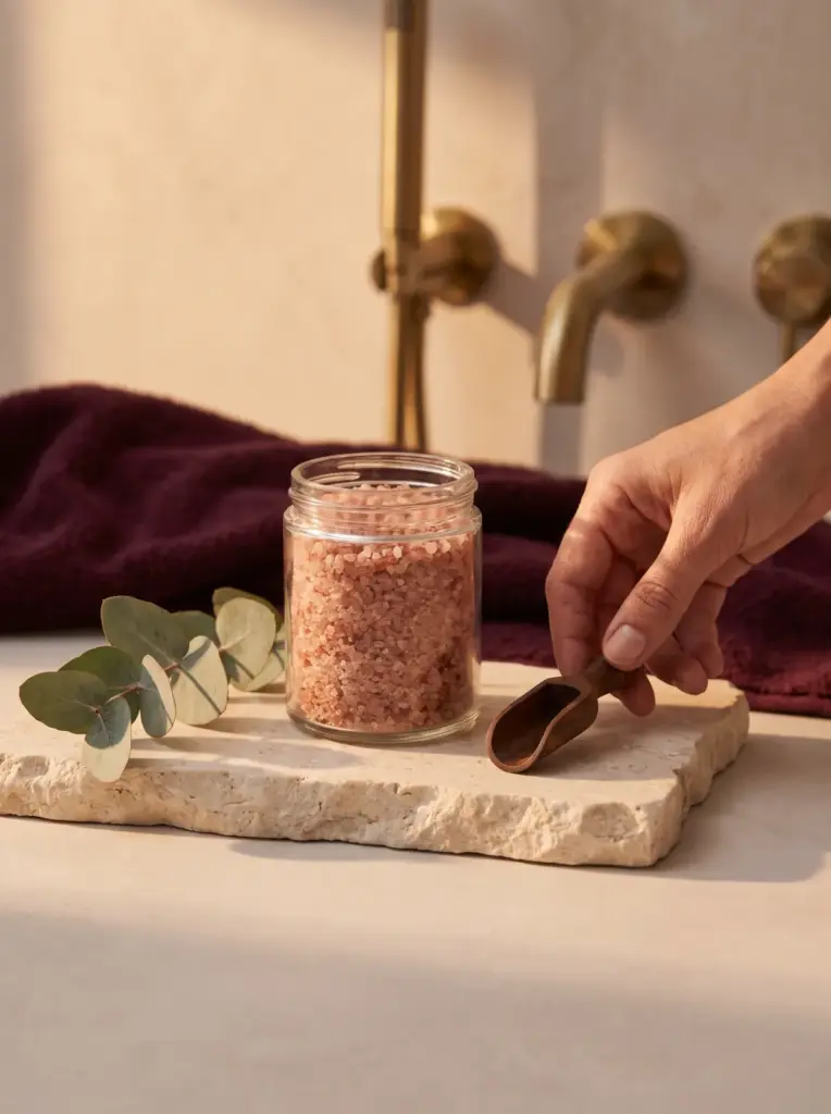 A jar of salt body polish with a wooden scoop on cream stone with a sprig of eucalyptus