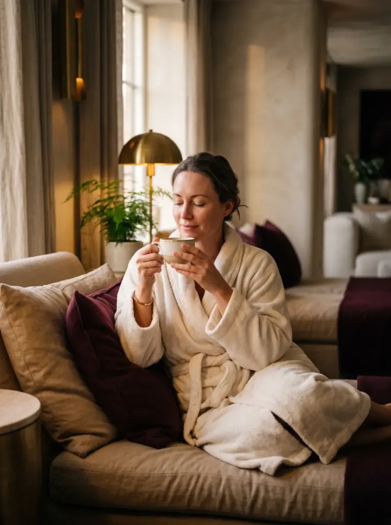 A client wrapped in a plush cream robe resting after a body treatment, holding a cup of tea