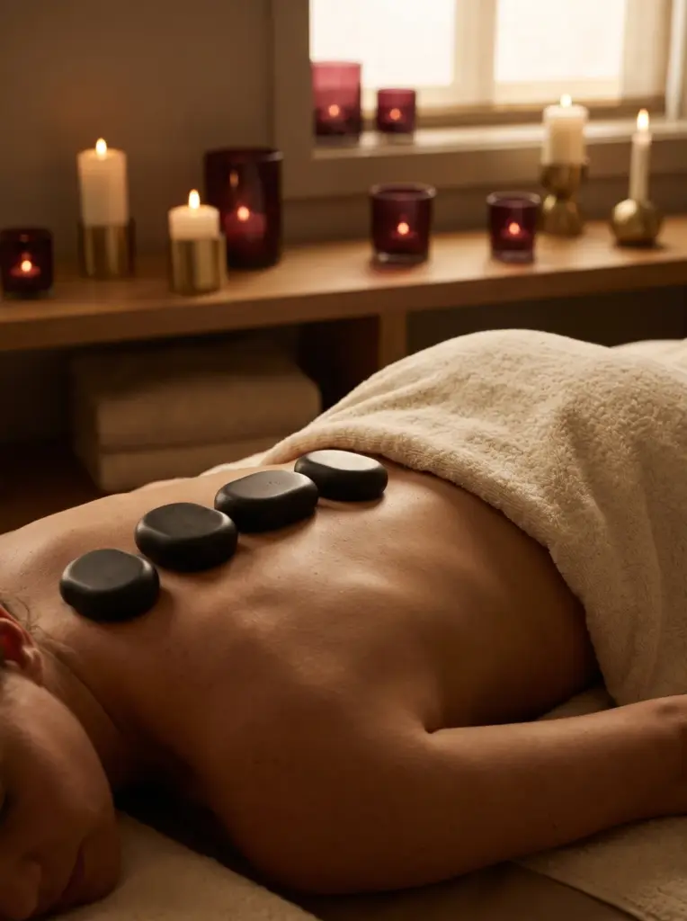 Warm basalt stones placed along a client's back, towel draped, candles softly glowing
