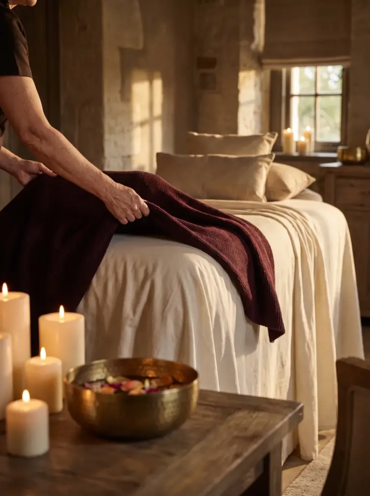 A massage room with a treatment bed dressed in cream linen, a burgundy throw, candles and a brass bowl