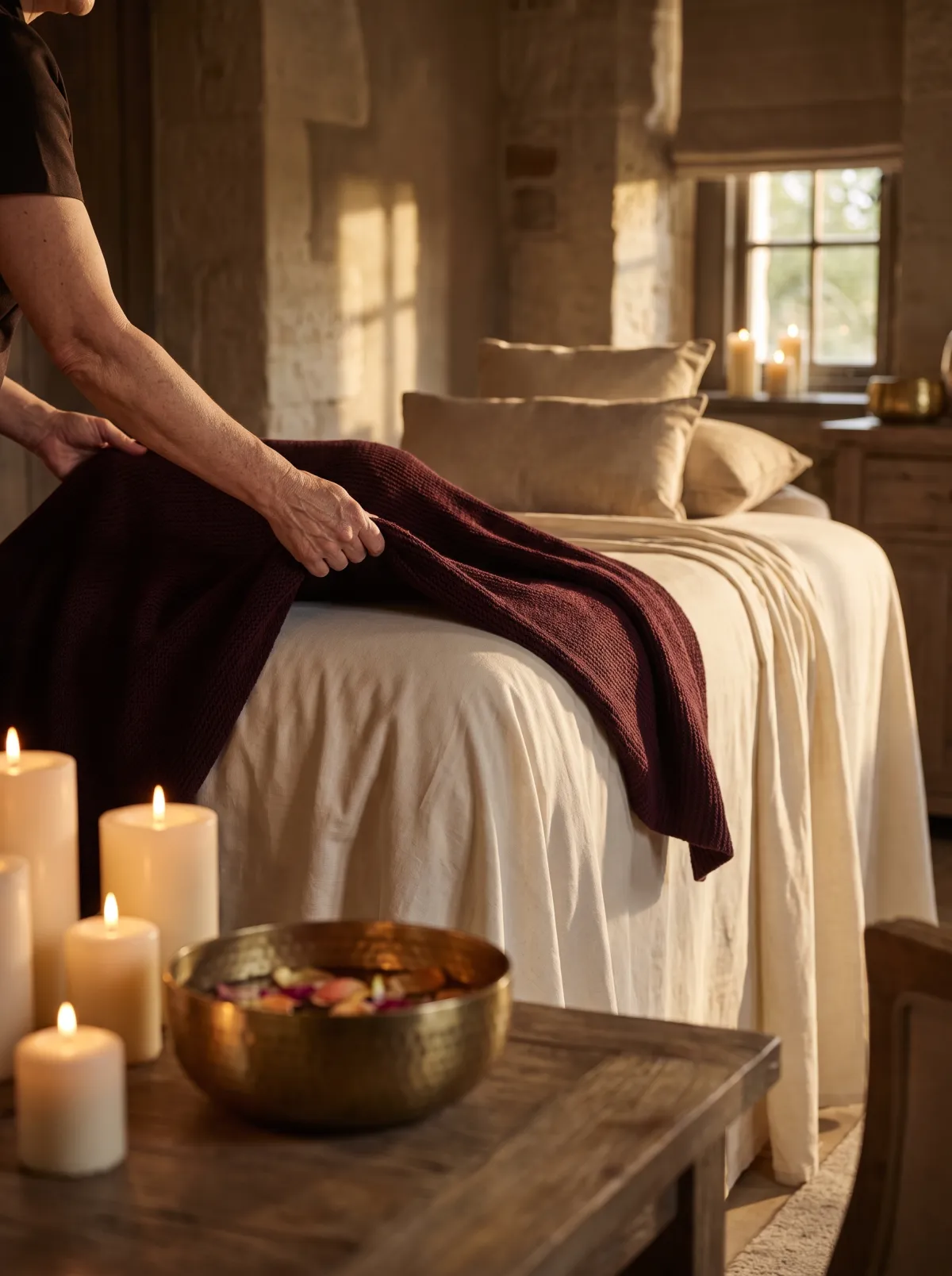 A massage room with a treatment bed dressed in cream linen, a burgundy throw, candles and a brass bowl