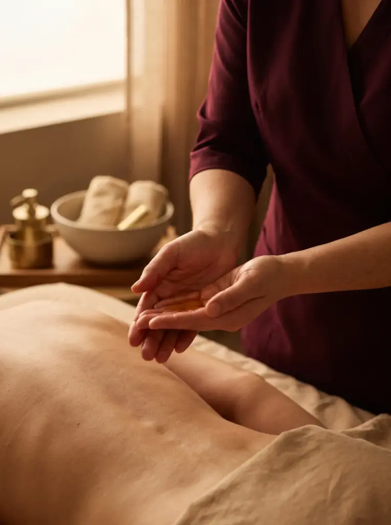 Close-up of massage oil being warmed between a therapist's hands above a client's back