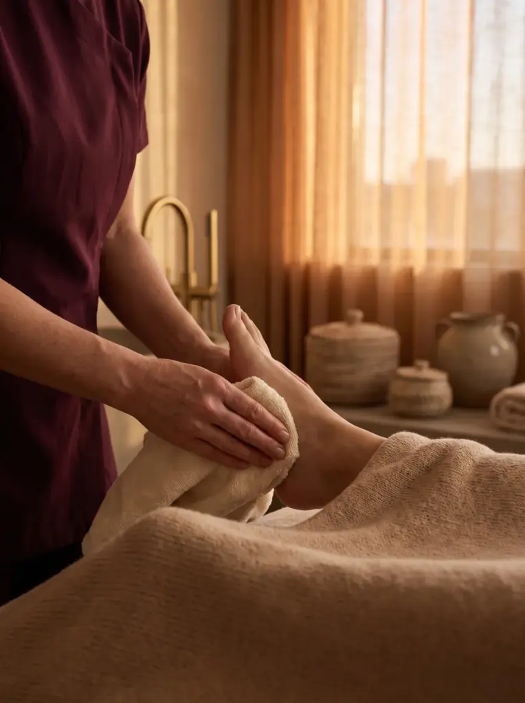 Reflexology: a therapist's thumbs pressing points on the sole of a client's foot, warm towel