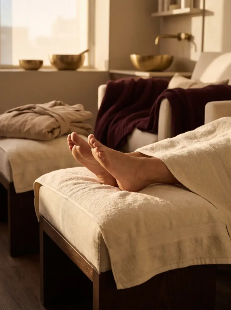 A client's feet resting on a cushion wrapped in a warm cream towel
