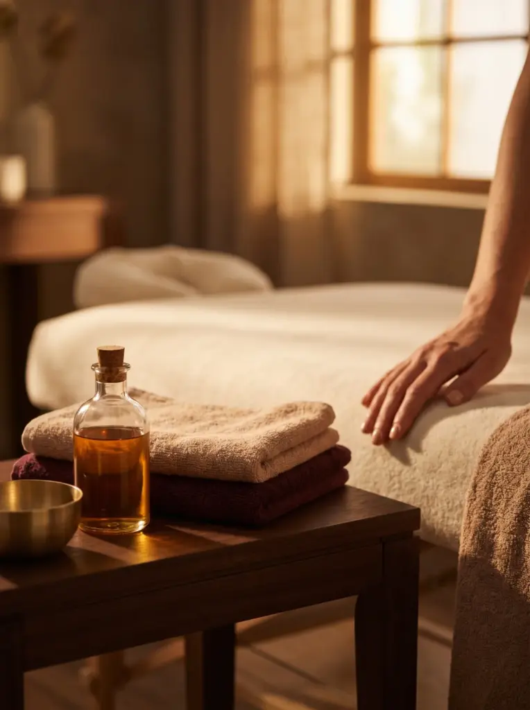 Unlabeled aromatherapy oil bottle and folded towels at the end of a treatment bed