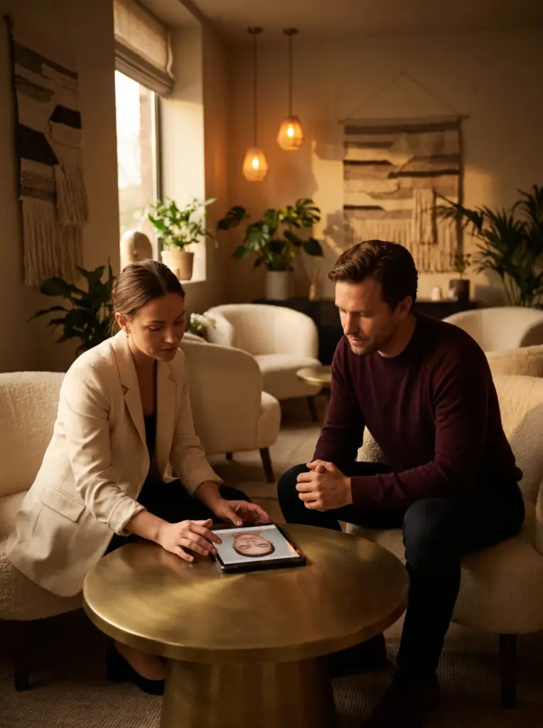 Skin consultation: a practitioner and a client seated at a small round table reviewing a skin analysis on a tablet