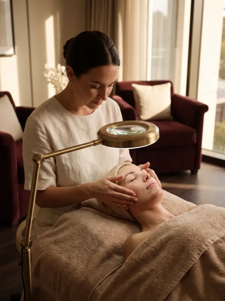A practitioner examining a client's skin through a lighted magnifying lamp