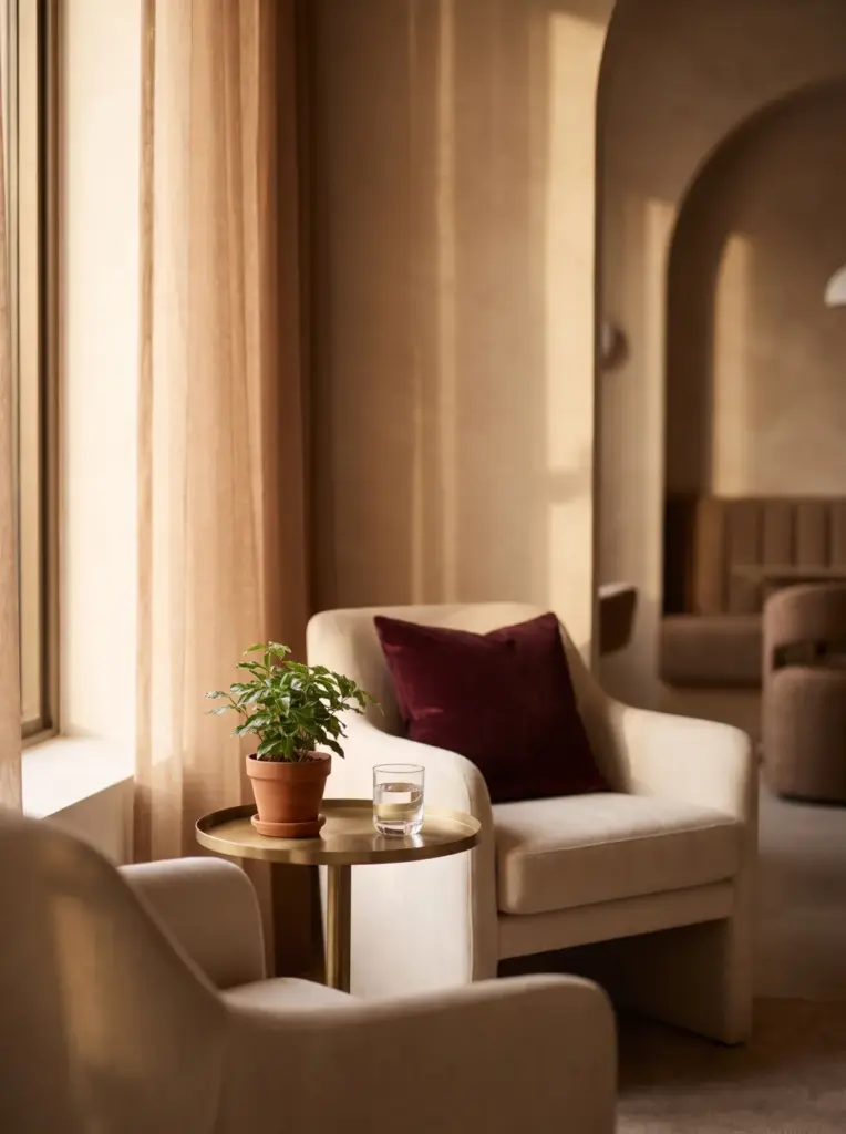 A consultation corner with two cream armchairs, a burgundy cushion and a brass side table