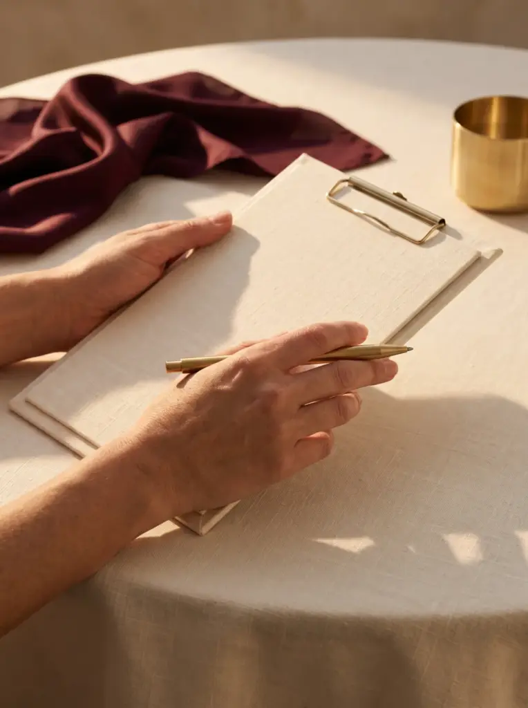 Close-up of hands holding a consultation clipboard and pen on a cream linen table