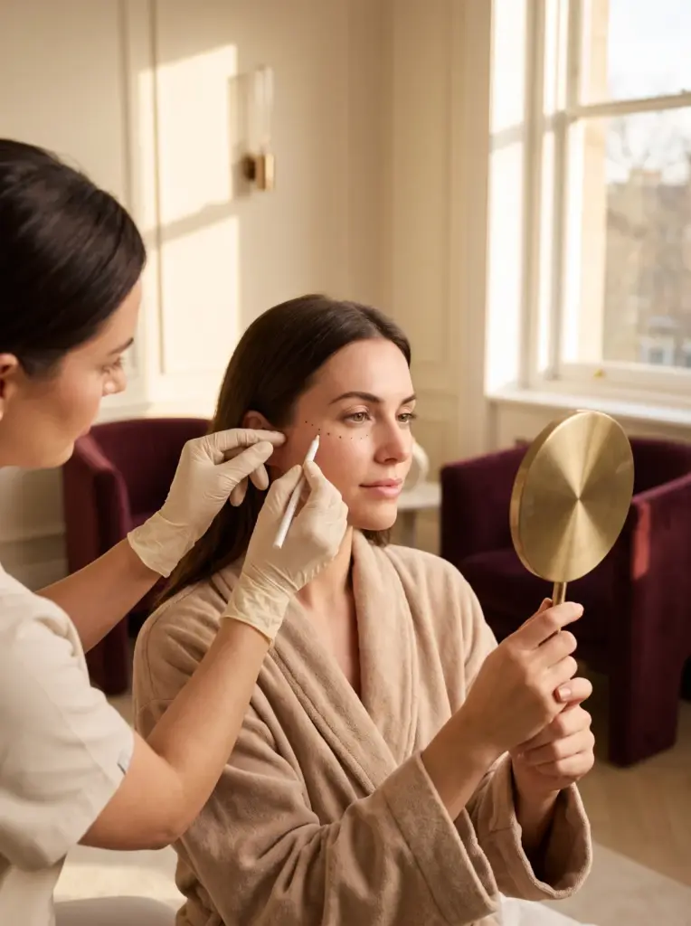 Aesthetic consultation: a practitioner in gloves marking small white dots along a client's cheekbone with a skin pencil while the client holds a hand mirror