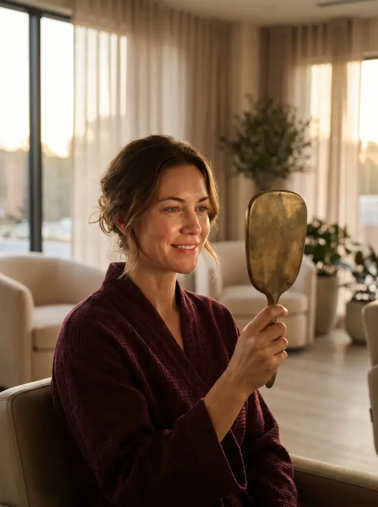 A client holding a brass hand mirror and smiling softly after an aesthetic consultation