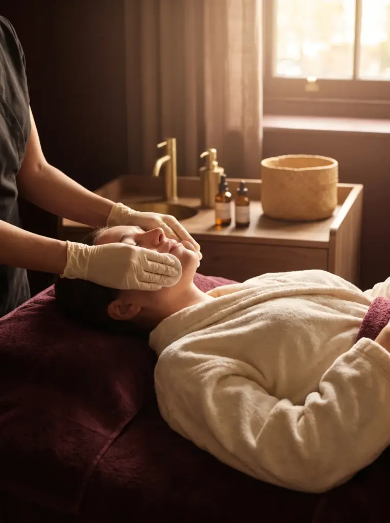 A practitioner's gloved hands cleansing a client's skin with a cotton pad before a treatment