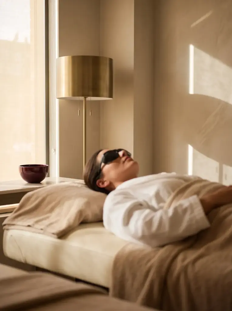A client wearing protective laser goggles relaxing on a cream treatment bed