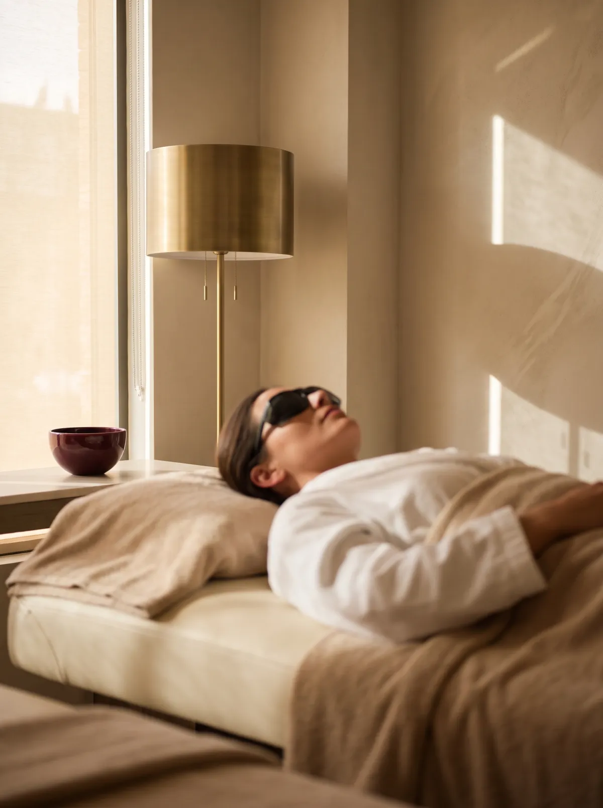 A client wearing protective laser goggles relaxing on a cream treatment bed