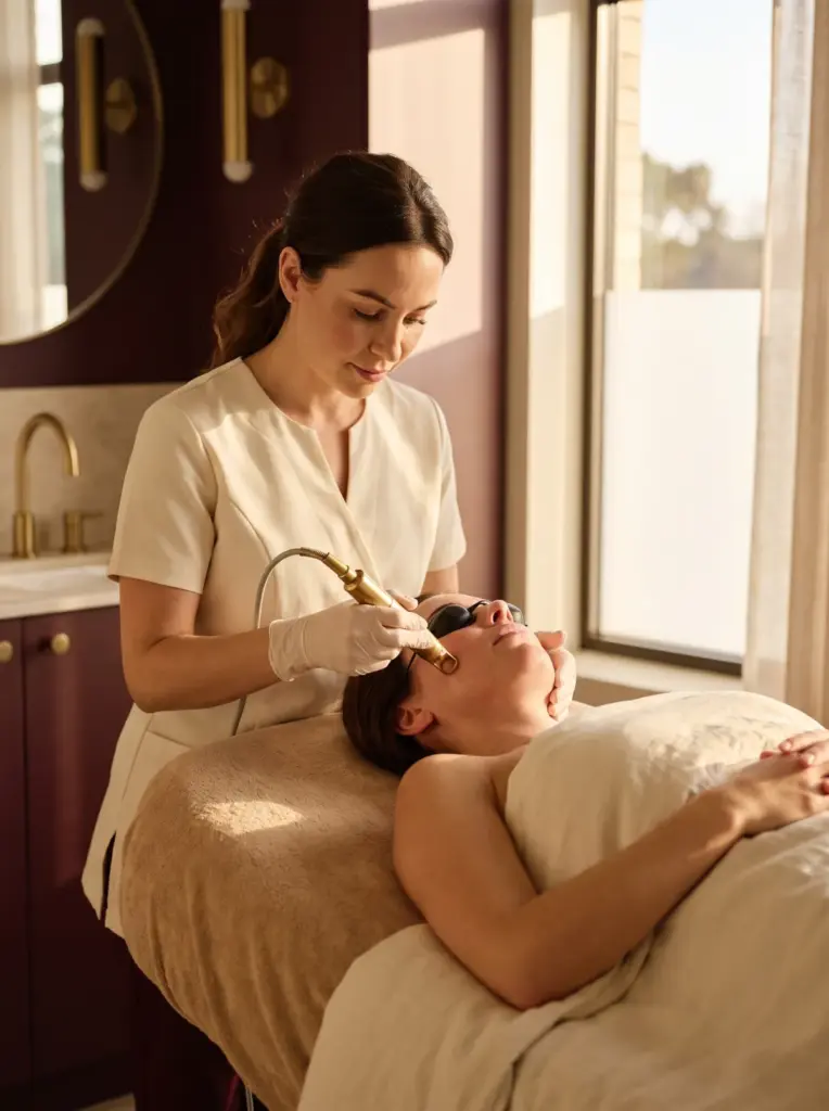 Laser facial: a practitioner in gloves passing a laser handpiece over a client's cheek, the client wearing protective eye shields