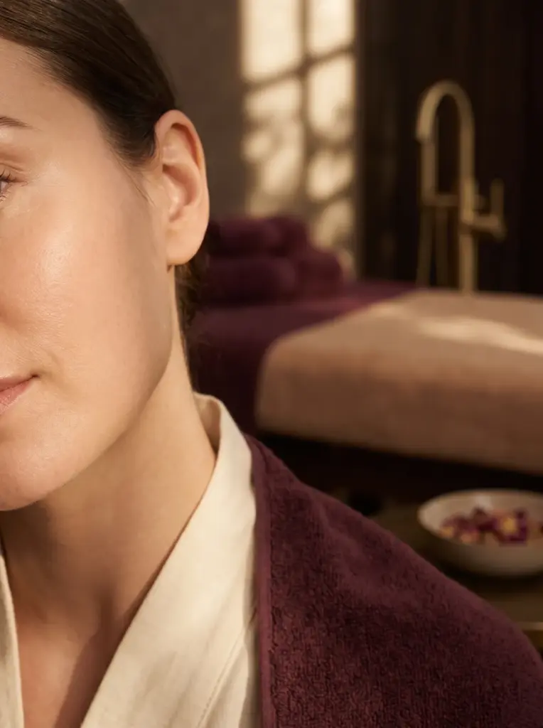 Close-up of luminous, even-toned skin on a client's cheek, soft focus
