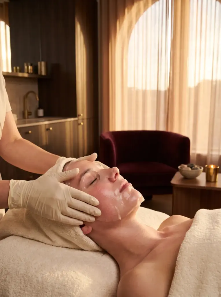 A cooling hydrogel mask being smoothed onto a client's face after a laser treatment, gloved hands