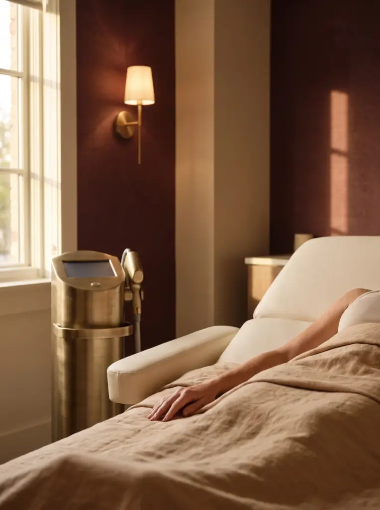 A calm treatment room with a medical-grade laser device beside a cream treatment bed, brass wall lamp
