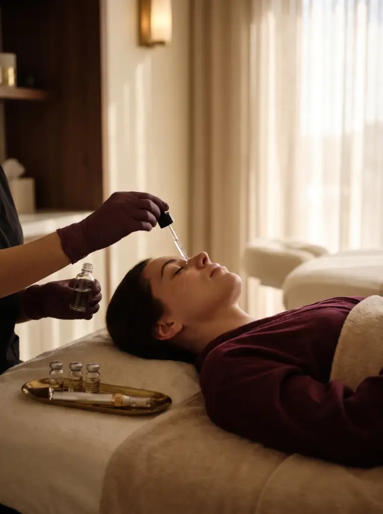 A dropper releasing clear serum onto a client's cheek before microneedling, gloved hand
