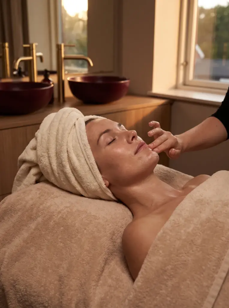 A client lying on a treatment bed with a cream hair wrap, relaxed, before a skin treatment