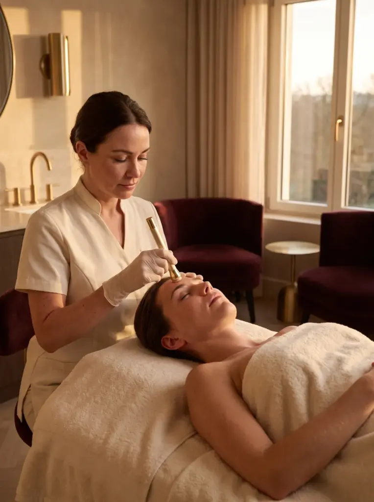 Radiofrequency microneedling: a practitioner in gloves pressing a slim handpiece to a client's forehead, the client calm