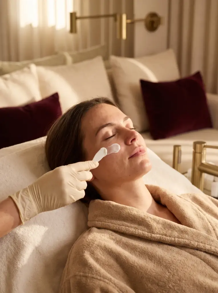 Close-up of a gloved practitioner smoothing numbing cream onto a client's cheek before a skin treatment