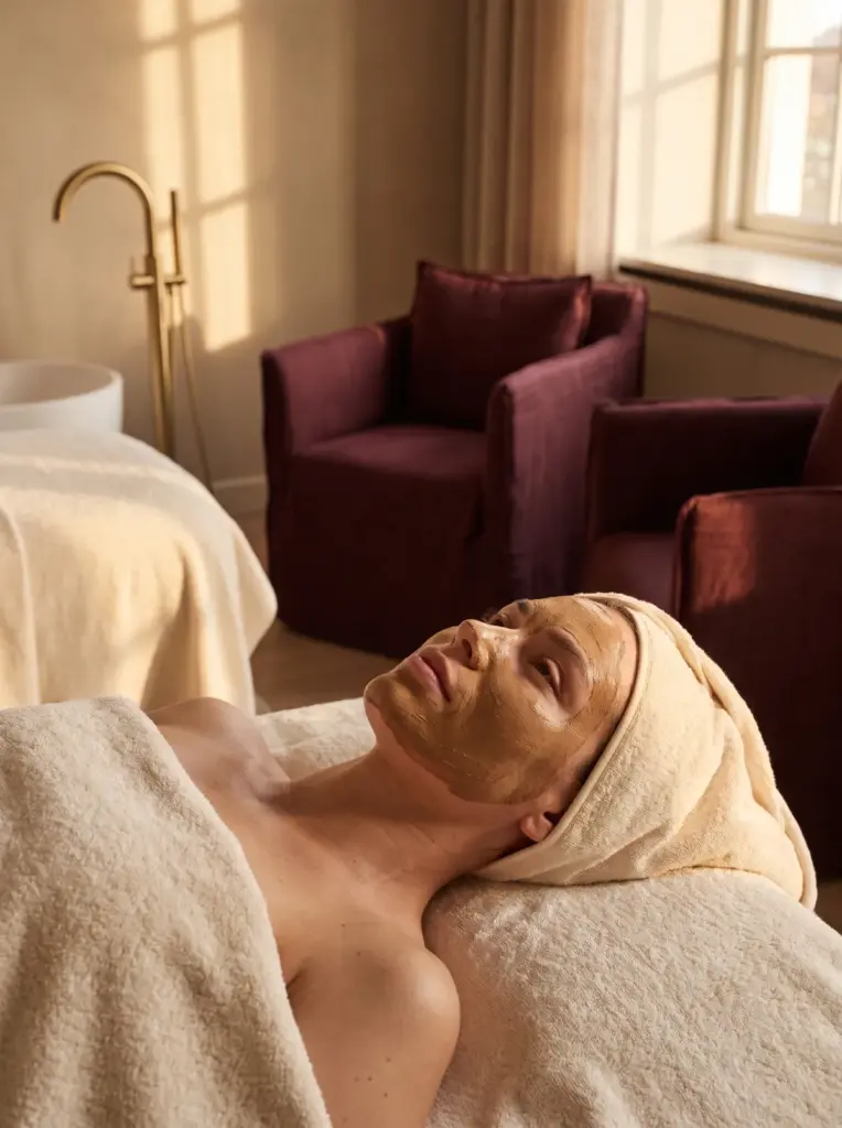 A client resting with eyes closed under a soothing post-treatment mask, cream towel
