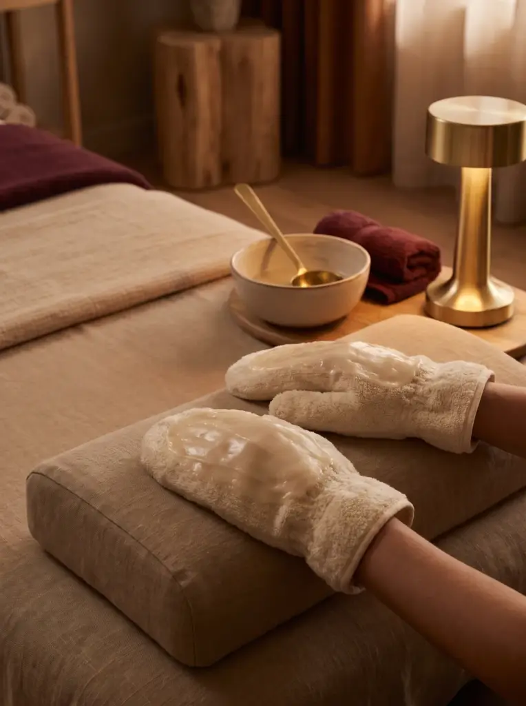 Paraffin treatment: a client's hands wrapped in warm paraffin and cream mitts resting on a treatment table