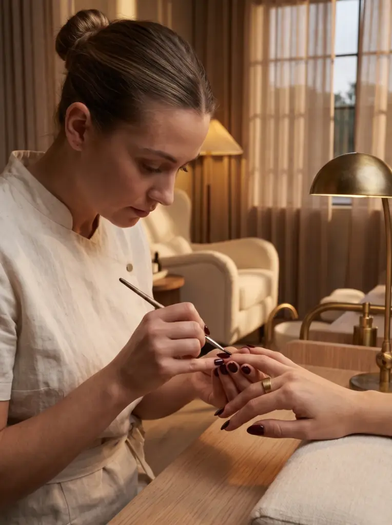 A nail technician painting deep burgundy gel polish onto a client's almond-shaped nails with a precise brush stroke