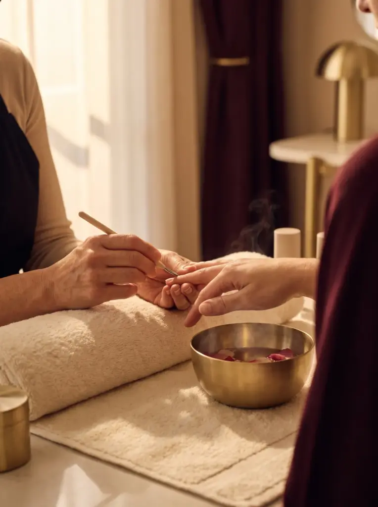 Manicure in progress at a nail bar: a technician gently pushing back cuticles on a client's hand resting on a cream towel, a brass bowl of warm water nearby