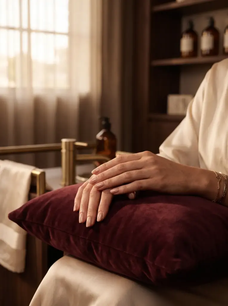 Close-up of a freshly finished nude manicure on relaxed hands resting on a burgundy velvet cushion