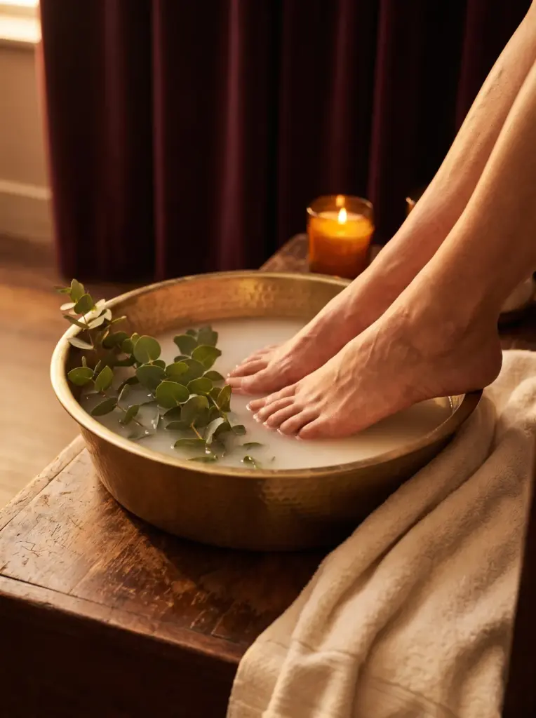 Close-up of a pedicure foot soak: feet resting in a brass basin of milky water with a sprig of eucalyptus, cream towel