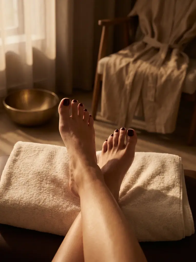 Freshly painted deep burgundy toenails on relaxed feet resting on a folded cream towel