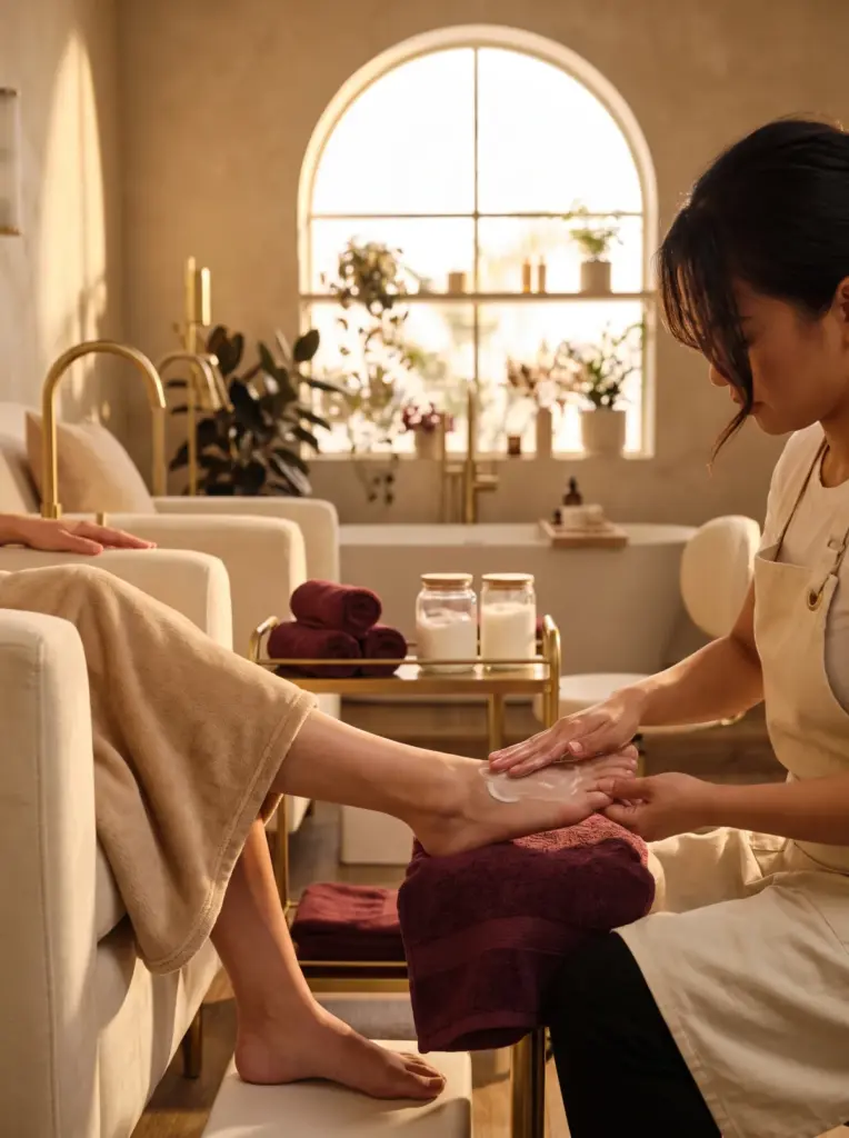 A nail technician massaging lotion into a client's foot during a spa pedicure