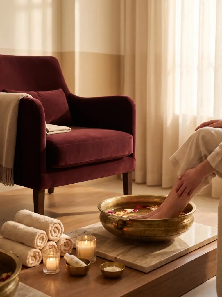 A spa pedicure station: plush burgundy velvet chair, brass foot basin, rolled cream towels, candlelight